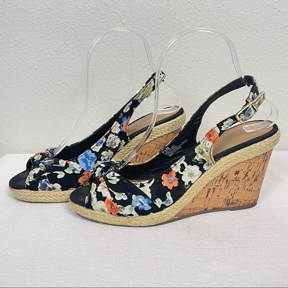 Seychelles Black Floral Cork Wedge Sling-back Sandals 7.5 - Picture 3 of 8